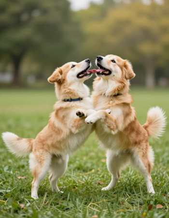 Two golden retriever dogs playing and having fun in the park.
