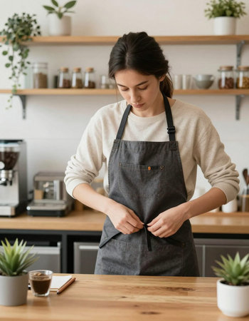 attractive young woman in apron taking off apron in kitchen