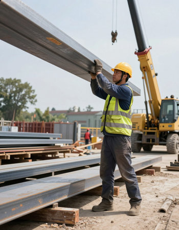 construction worker at the construction site with crane and building materials.