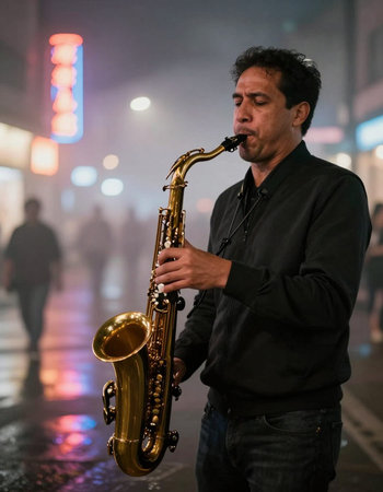 Jazz musician playing the saxophone in the street at night.