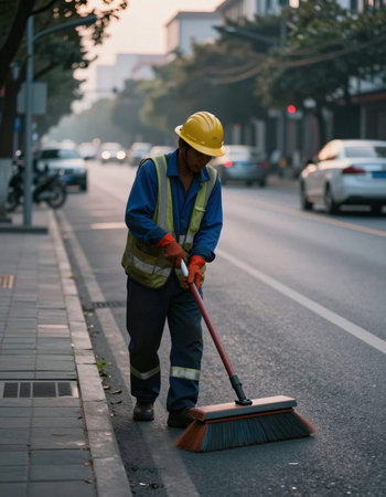 Worker sweeping the road with a broom in a city street.