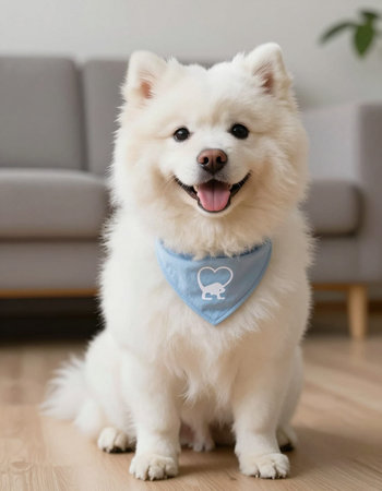 Cute Samoyed dog with blue bow tie sitting on floor at home