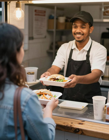 Smiling waitress serving food to customer in fast food restaurant or cafe