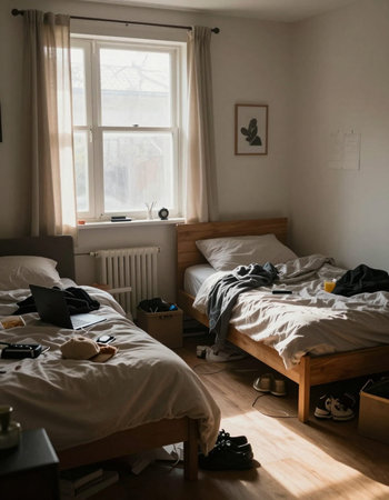 Interior of a hotel room with a bed and a set of clothes