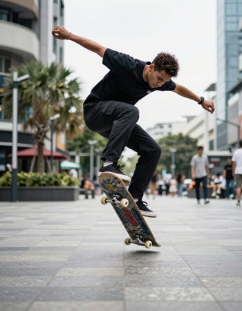 Skateboarder doing tricks on a skateboard in the city