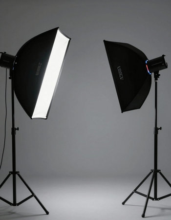 Studio lighting equipment on grey background, softbox and strobe light