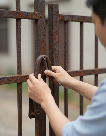 Closeup of a man's hand opening a rusty metal gate.