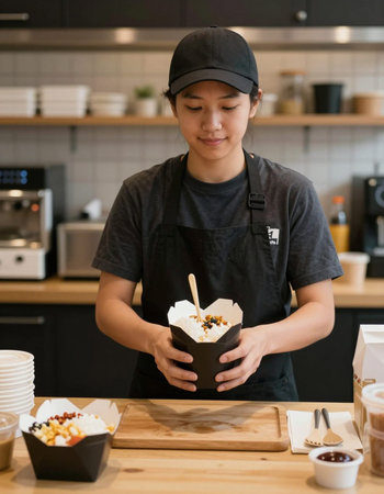 asian chinese male barista serving ice cream in coffee shop