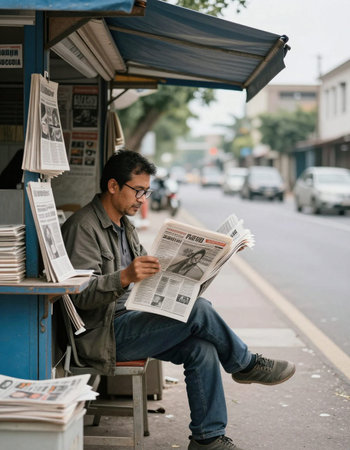 Handsome Asian man reading newspaper while sitting on a bench in the street