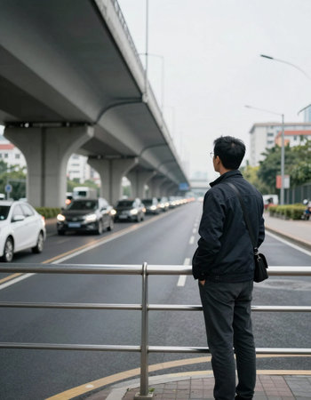 Back view of Asian man standing under the bridge and looking at the road