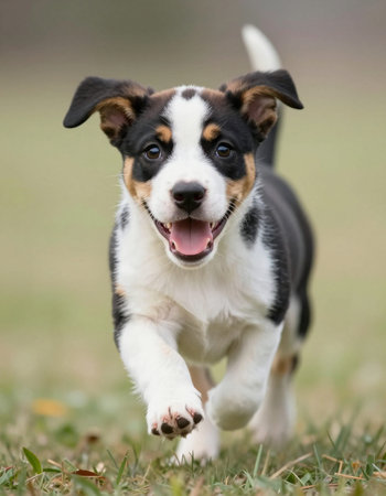 Adorable Australian Shepherd puppy running in the grass on a sunny day.