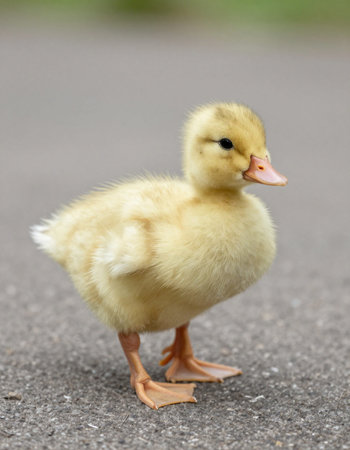 Little duckling standing on the asphalt. Close-up, shallow depth of field.
