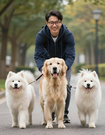 Young man walking his dogs in the park, looking at camera.