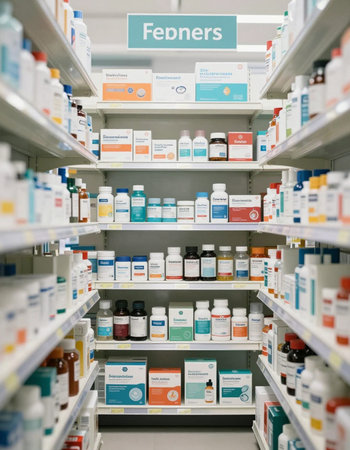 Pharmacy drugstore shelves with medicines. Focus on foreground, shallow DOF.