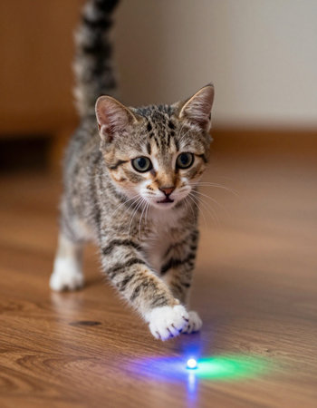 Cute little striped kitten playing on the floor with led light.