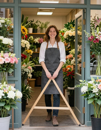 Female florist standing in flower shop, holding a wooden ladder