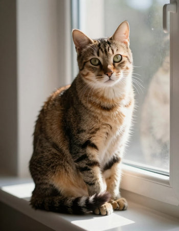 Cute tabby cat sitting on the windowsill and looking out the window