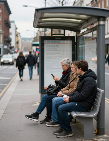 Group of senior people waiting for bus at bus stop in the city