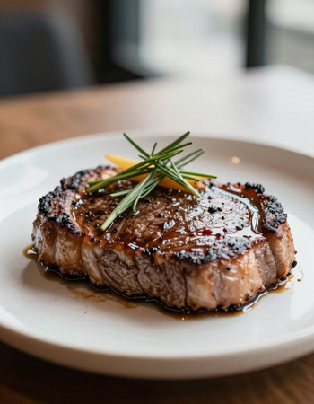 Grilled beef steak with rosemary and lemon on white plate.