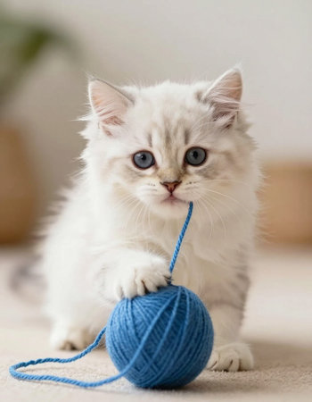 Siberian kitten playing with a ball of yarn. Close-up.