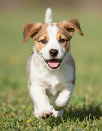 Purebred Beagle dog running in the grass on a sunny day.