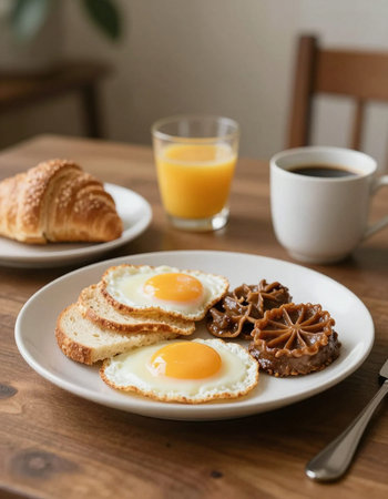Breakfast with coffee, croissant and eggs on wooden table