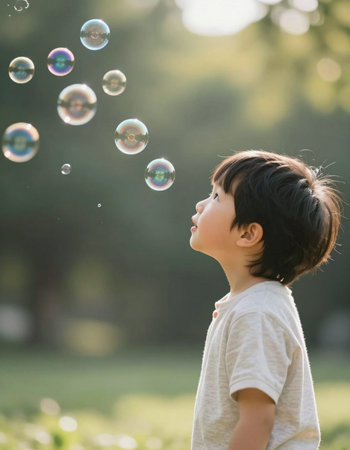 Cute asian baby boy playing with soap bubbles in the park
