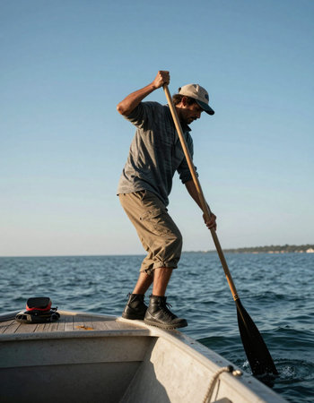 Fisherman on a boat in the middle of the sea.