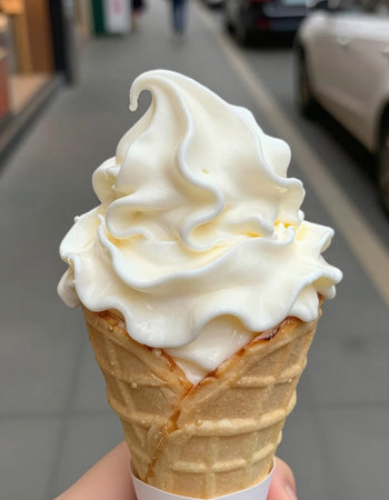 Ice cream cone in the hand on the background of the street.