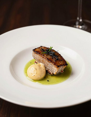 grilled tuna with mashed potato on a white plate in a restaurant