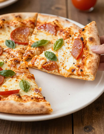 Pizza with salami, mozzarella and basil on wooden background