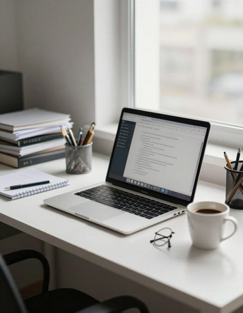 Workplace with laptop and coffee cup on the table in home office