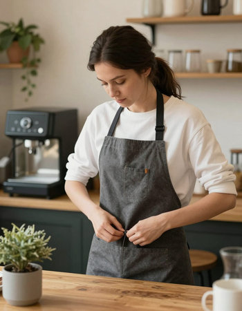Unrecognizable female barista in apron standing at table in cafe, taking off apron. Young female barista preparing coffee in cafe.