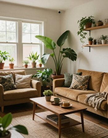 Interior of modern living room in scandinavian style with brown sofa, coffee table and plants.