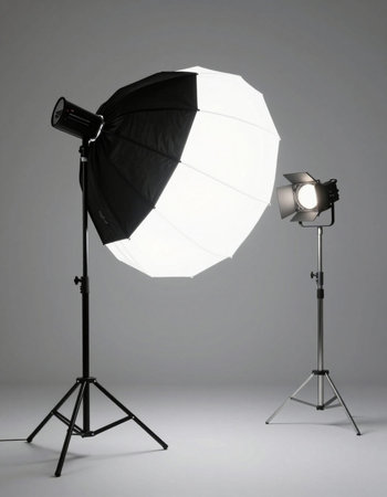 Studio flash with softbox and lighting equipment on grey background, 3d render
