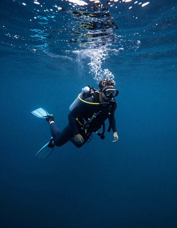 Scuba diver swimming underwater in deep blue ocean with sunbeams