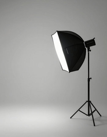 Studio lighting equipment on grey background, softbox and strobe lights