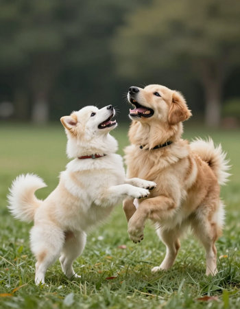Two golden retriever dogs playing together in the park at summer.