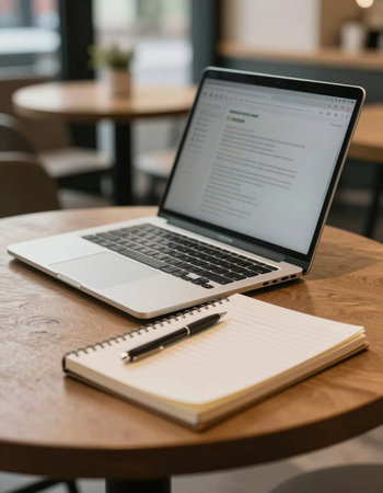 Laptop and notepad on wooden table in coffee shop, stock photo
