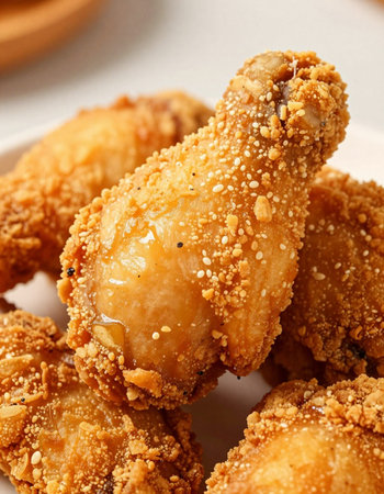 Fried Chicken Drumsticks with Sesame on a White Plate.