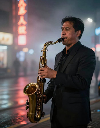Unidentified musician playing saxophone in the street at night.