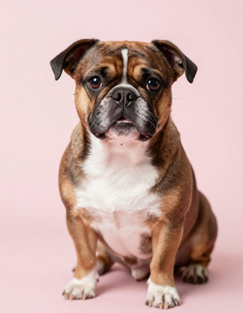 Portrait of a purebred english bulldog on a pink background