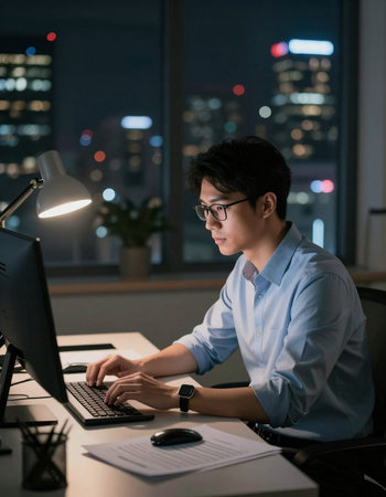 Young Asian businessman working with computer in office at night. Business concept.
