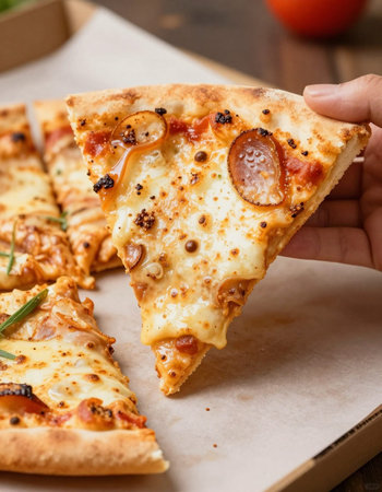 Pizza with sausages and mozzarella on a wooden background