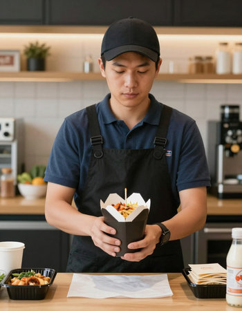 Asian man in apron holding a box of fast food in the kitchen