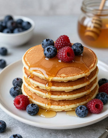 Stack of pancakes with fresh blueberries and raspberries, selective focus