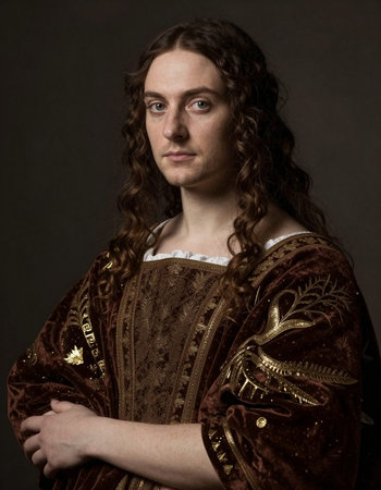 Portrait of a young man in medieval costume on a dark background