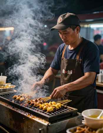 Unidentified man cooking chicken skewers on street food market in Taipei, Taiwan.