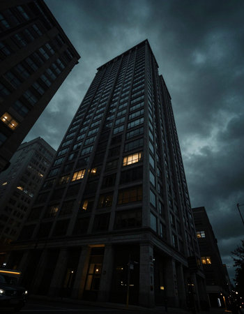 Modern office building at night, Boston, Massachusetts, United States.