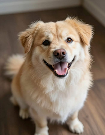 Portrait of a beautiful golden retriever dog on a wooden floor